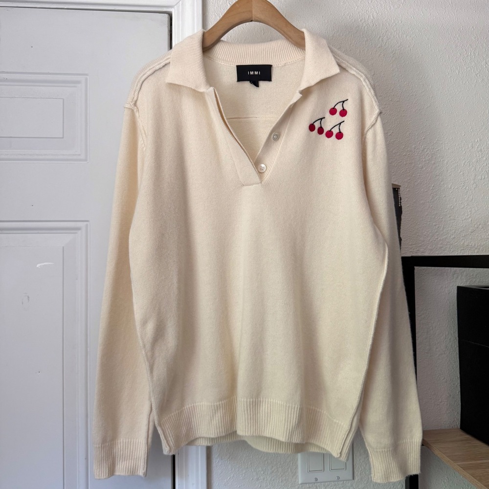 IMMI cream ivory cherry embroidery boxy oversized polo sweater